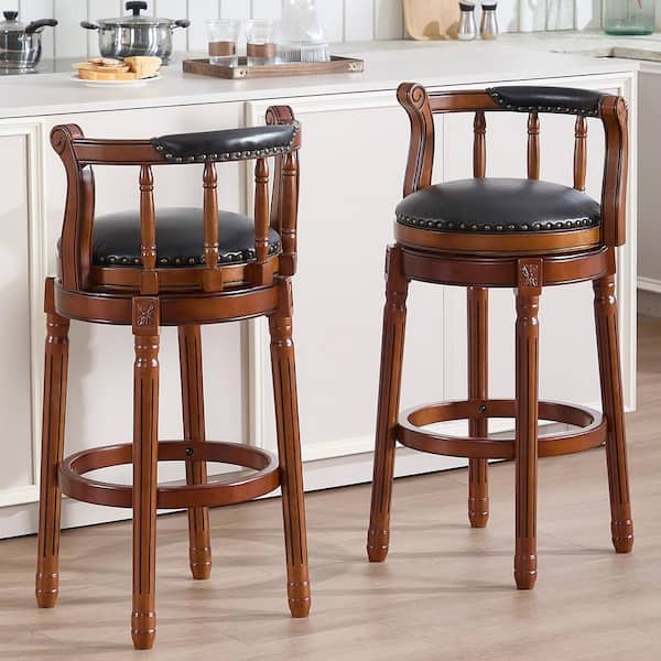 Pound 37.8 in. H Black Solid Wood Bar Stool with Genuine Leather Seat, Swivel Bar Height Chair with Curved Back (1 Pack)