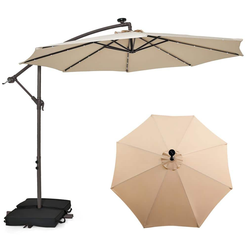 10 ft. Cantilever Hanging Offset 32 LED Lights Sand Bag Outdoor Cross Base Patio Umbrella in Beige -  Costway, NP11133BE