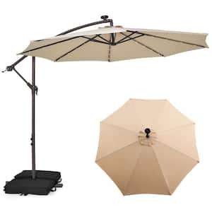 10 ft. Cantilever Hanging Offset 32 LED Lights Sand Bag Outdoor Cross Base Patio Umbrella in Beige