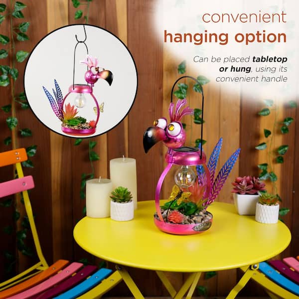 Alpine Corporation Solar Metal Pink Flamingo with Garden Enclosed