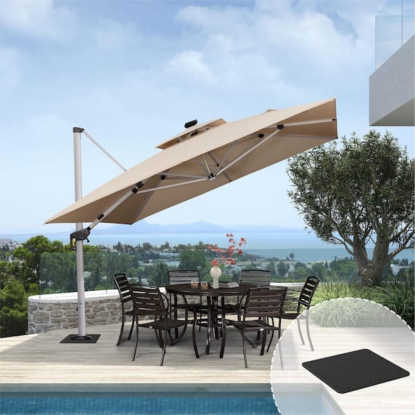 PURPLE LEAF 11 ft. Square Aluminum Solar Powered LED Patio Cantilever Offset Umbrella with Base Plate, Beige