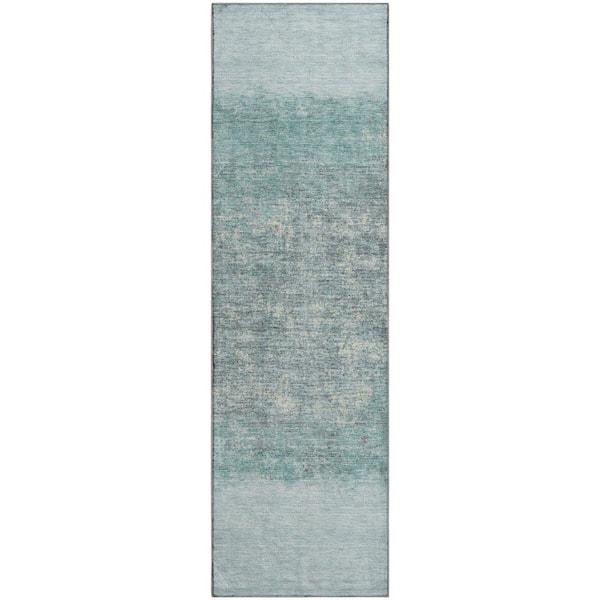 Mayfield Premium Machine Washable Abstract AMF2214 Teal 2 ft. x 7 ft. Runner Rug