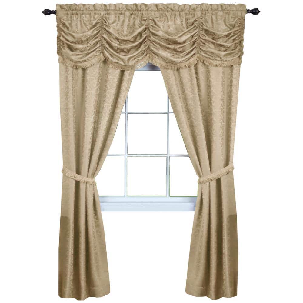 Tan Jacquard Damask Rod Pocket Curtain with Fringe, 55" x 84"