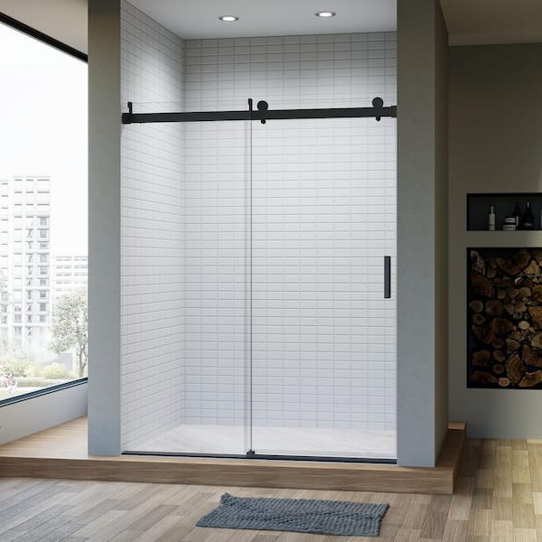 ANGELES HOME 56-60 in. W x 76 in. H Single Sliding Frameless Shower Door Soft-Close in Matte Black Finish with Clear Glass, SGCC