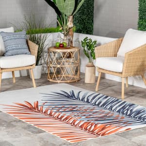 Auri Double Palm Machine Washable Blue 8 ft. x 10 ft. Indoor/Outdoor Area Rug
