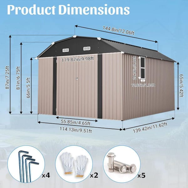 Tenleaf 10 ft. W x 12 ft. D Brown Metal Shed with Floor Frame Kit