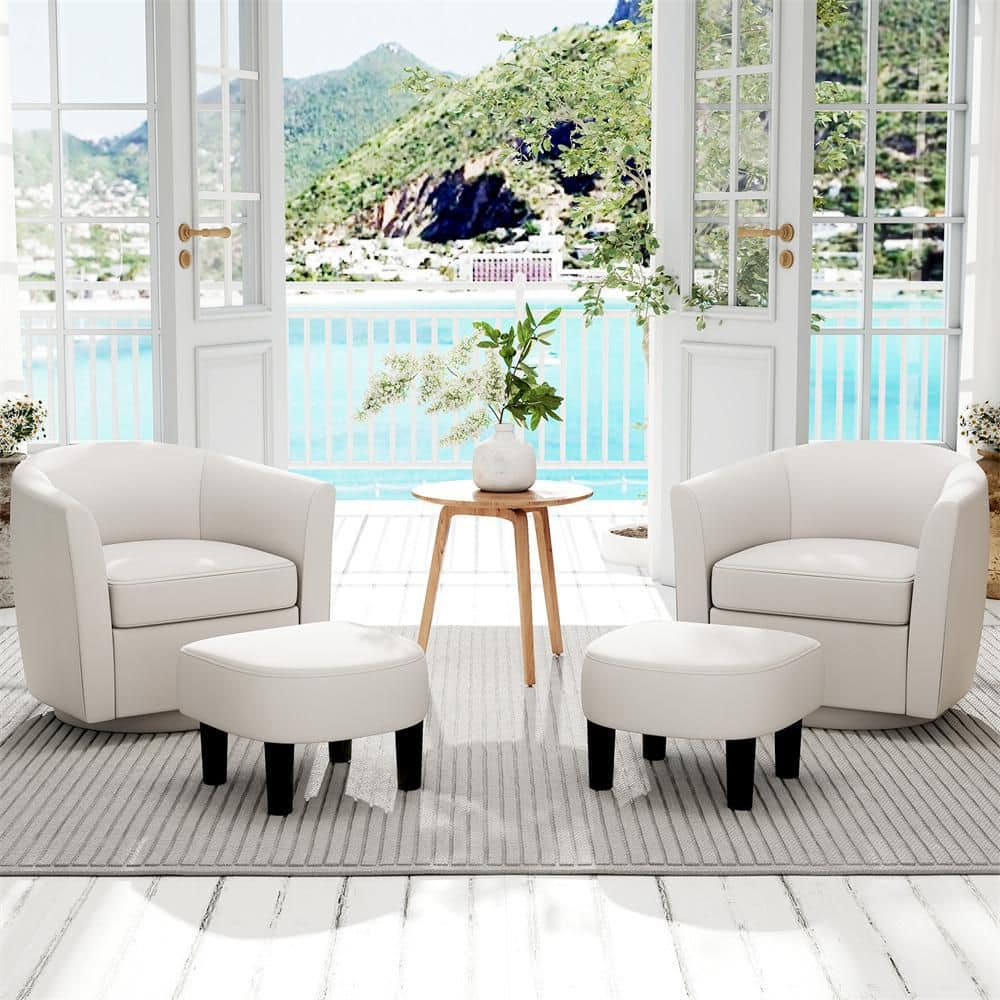 Creamy White Linen Fabric Swivel Barrel Chair Set of 1 with Ottoman Footrest Curved Backrest & Armrests Living Room