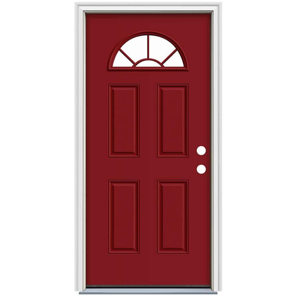 36 in. x 80 in. Fan Lite Cranberry Red Painted Steel Prehung Left-Hand Inswing Front Door with Brickmould