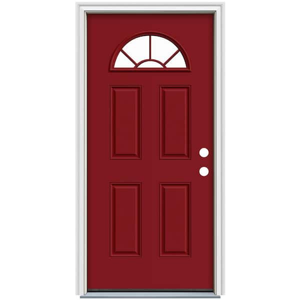 36 in. x 80 in. Fan Lite Cranberry Red Painted Steel Prehung Left-Hand Inswing Front Door with Brickmould