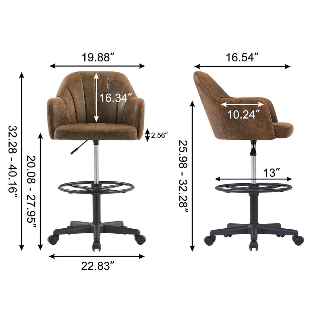 Premium PU Swivel Drafting Chair Adjustable Height Lumbar Support Home Office Stool, Brown - Thumbnail 3