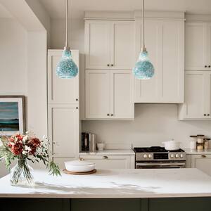 Crystal Ball 1-Light Bushed Nickel Transitional Shaded Kitchen Mini Pendant Hanging Light with Blue Mosaic Glass