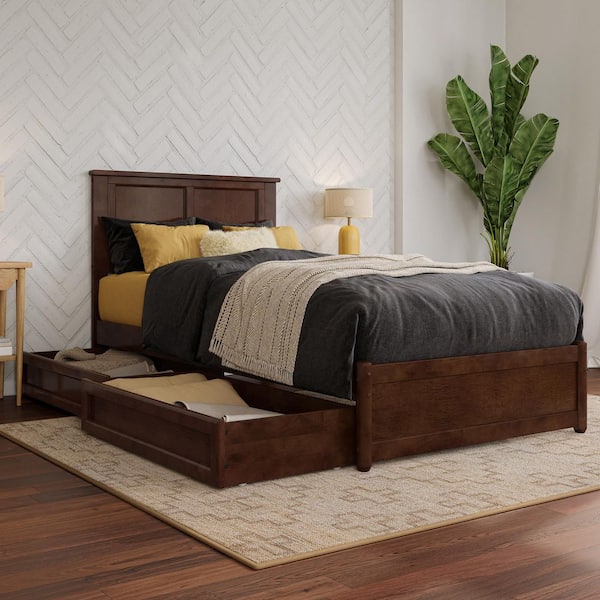 AFI Felicity Walnut Brown Solid Wood Frame Twin XL Platform Bed with Panel Footboard and Storage Drawers