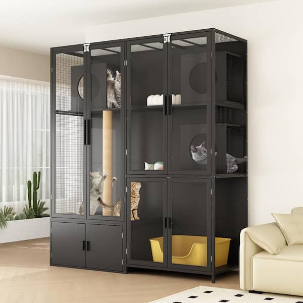 Cat Litter Box Enclosure with Cat Tree Tower, Scratching Posts, Platform, Indoor Large Cat House Furniture with 8-Doors