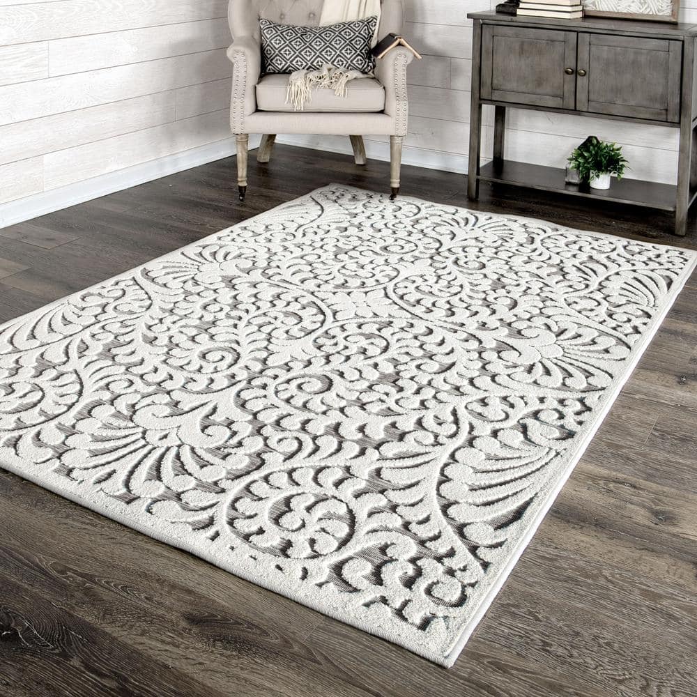 Natural Gray Floral Rectangular Synthetic Indoor/Outdoor Rug