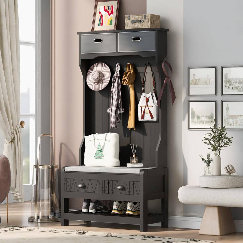 69 in. H Hall Tree with 4 Hooks and Hinged Lid, Coat Hanger, Entryway Bench