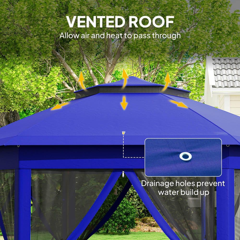 Dark Blue Steel Frame Hexagonal Pop-Up Gazebo with Mesh Netting