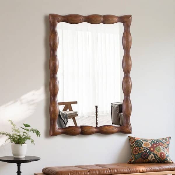 24 in. W x 36 in. H Rustic Wave-Edged Rectangular Brown Wooden Framed Wall Mirror