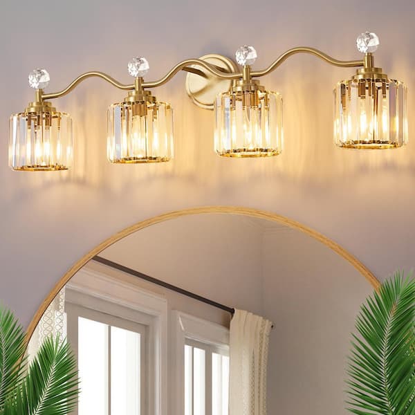 Modern Luxury 34.8 in. 4-Light Black and Gold Vanity Light with Crystal Shade for Bathroom
