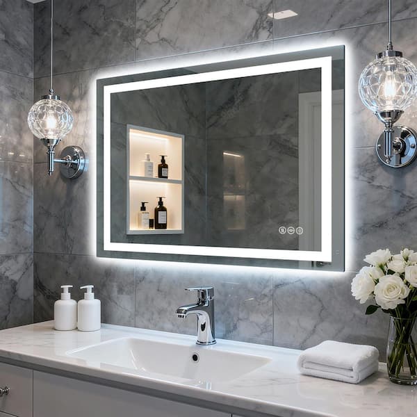 Sxiawe 30 in. W x 40 in. H Rectangular Frameless Anti-Fog LED Front Light Backlit Wall Mirror Bathroom Vanity Mirror