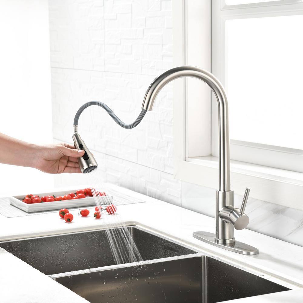 Brushed Nickel Stainless Steel Pull-Out Kitchen Faucet with Deck Plate