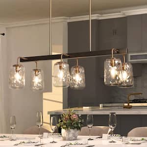 33 in. W Modern 6-Light Black and Brass Linear Chandelier for Kitchen Island with Textured Glass Mason Jar Shades