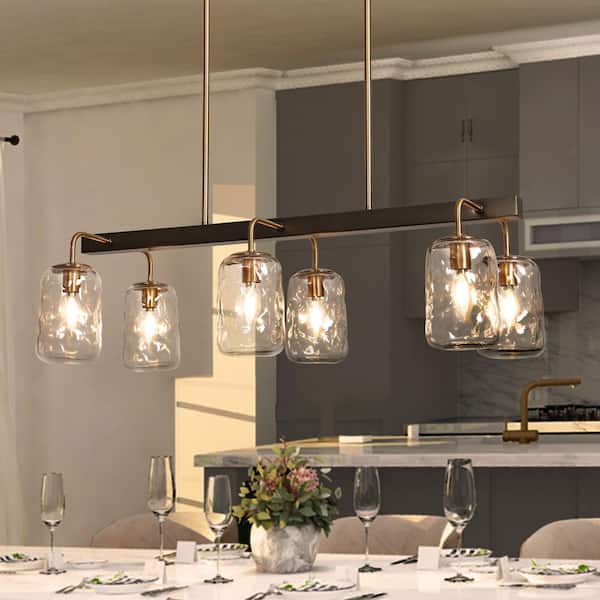LNC Modern 6-Light Gunmetal Gray and Brass Linear Chandelier for Kitchen Island with Textured Glass Mason Jar Shades
