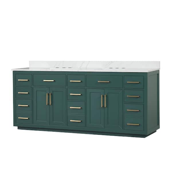 84 in. W x 22 in. D x 36 in. H Double Sink Freestanding Bath Vanity in Green with White Quartz Top