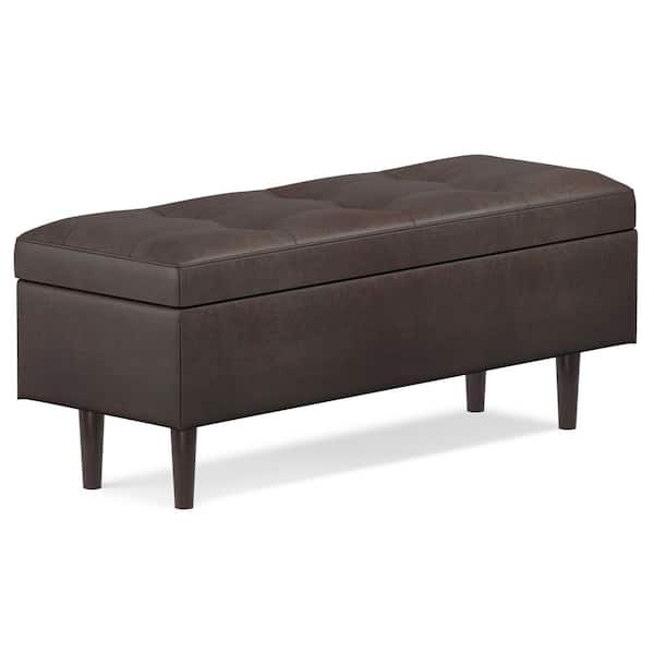 Simpli Home Shay 48 in. Rectangular Storage Ottoman in Distressed Chestnut Brown Vegan Faux Leather, Assembled