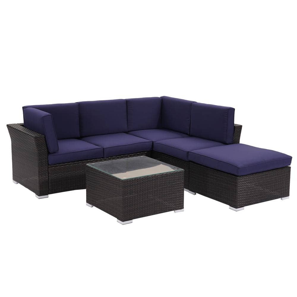 Brown 4 Pieces Wicker Outdoor Patio Conversation Set with Navy Blue ...