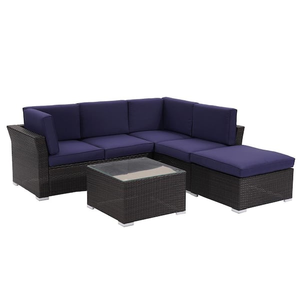 Unbranded Brown 4 Pieces Wicker Outdoor Patio Conversation Set with Navy Blue Cushions for Outdoor Backyard Garden