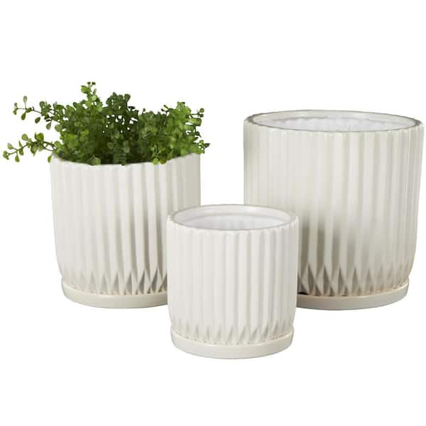 Litton Lane 8 in., 7 in., and 5 in. Small White Ceramic Ribbed Planter with Attached Saucer (3- Pack)