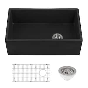 Fiamma Matte Black Fireclay 30 in. Single Bowl Farmhouse Apron Offset Drain Kitchen Sink with Bottom Grid