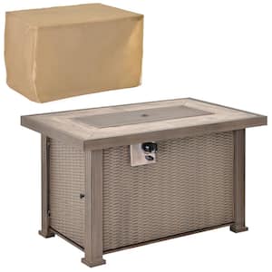 42 in. 50,000 BTU Rectangular Wicker Gas Outdoor Patio Fire Pit Table in Grey with Lid, Lava Rocks and Cover