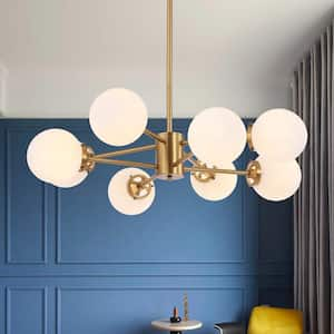 8-Light Brass Sputnik Chandelier with White Glass Shades