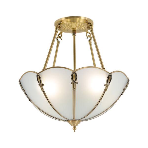 OUKANING 16.92 in. 4-Light Gold Vintage Semi-Flush Mount Ceiling Light with Glass Shade and No Bulbs Included