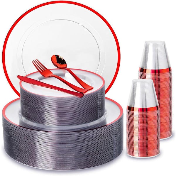 600-Piece Clear and Red Disposable Plastic Kitchen Flatware Set(Service for 100)
