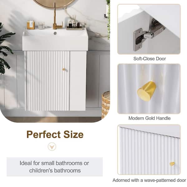 21.6 in. W Single Sink Freestanding Bath Vanity in White with White Ceramic Top, 1 Door and 2-tier Side Shelf