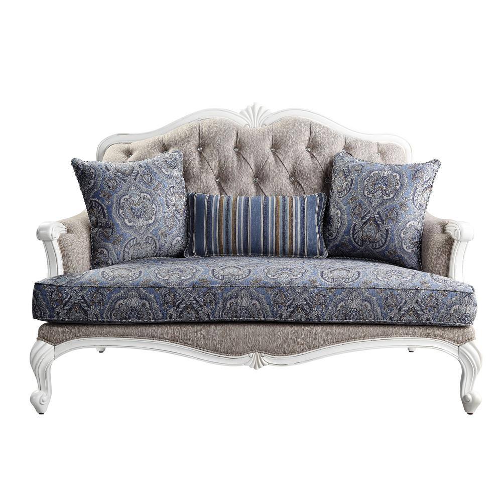 White Floral Tufted Fabric Loveseat with Wood Frame