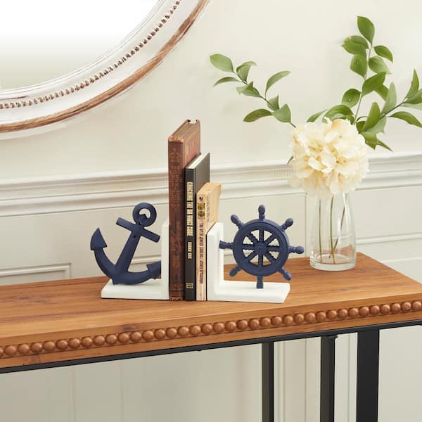 Litton Lane Blue Metal Anchor and Ship Wheel Bookends (Set of 2)