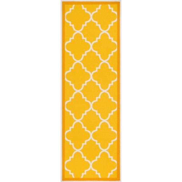 Kings Court Brooklyn Trellis Gold 3 ft. x 12 ft. Modern Runner Rug
