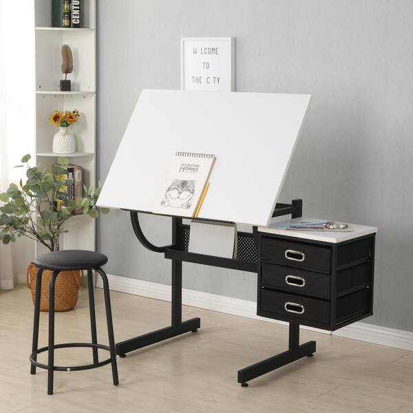 BYBLIGHT 47 in. Retangular Particle Board Brown 1-Drawer Drafting Writing  Desk with Shelves and Tiltable Tabletop Drawing Table BB-C0296GX - The Home  Depot