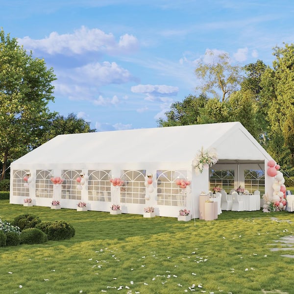 40 ft. x 20 ft. White PE Fabric Outdoor Event Shelter with Zippered Doors and PVC Windows
