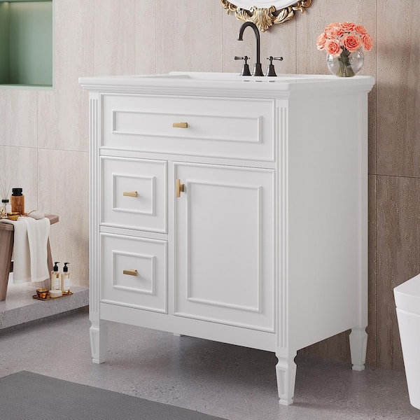 30 in. Single Sink Freestanding White Bath Vanity with White Ceramic Top and Adjustable Shelf Vanity Cabinet Unassembled