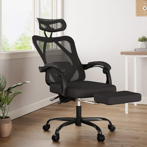 Mesh Adjustable Height Ergonomic Task Chair in Black with Retractable Footrest and Adjustable Lumbar Support