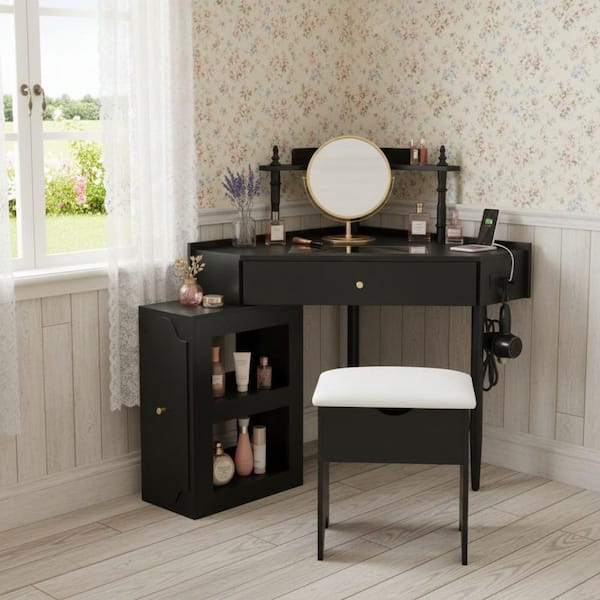SOKU Corner Makeup Vanity Set with Stool Charging Station Glass Top Removable Side Cabinet and Drawer in Matte Black