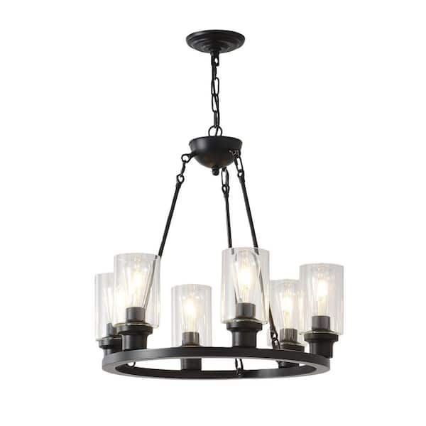 Avex 6-Light Matte Black Wagon Wheel Pendant Light with Glass Shade, No Bulbs Included