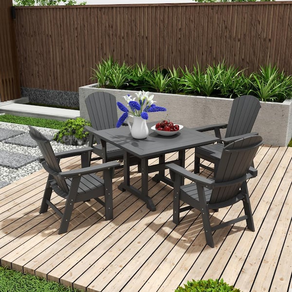 Altura Outdoor Patio Weather Resistant Gray 5-Piece HDPE Plastic Square Table Adirondack Dining Set