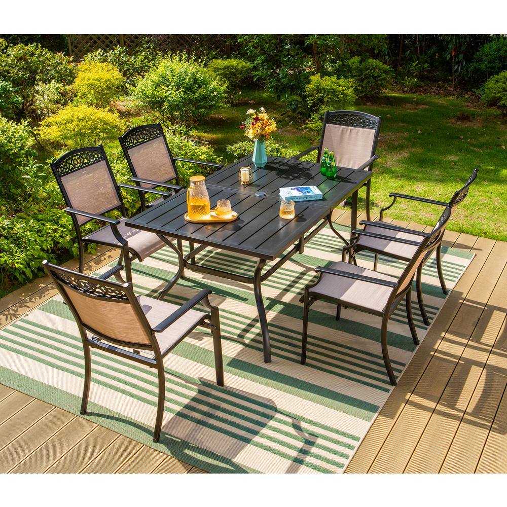 PHI VILLA 7-Pieces Metal Outdoor Patio Dining Set with Textilene Dining ...