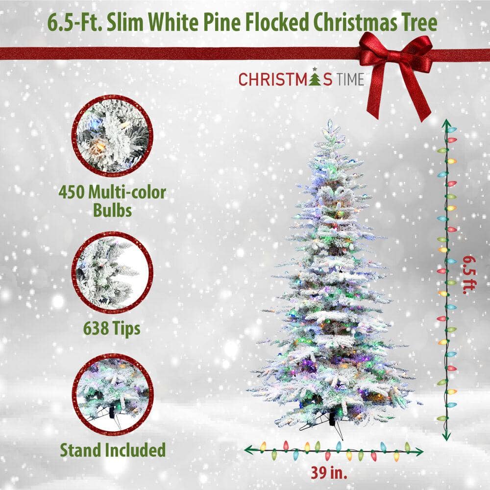 6.5-ft Slim White Pine Flocked Christmas Tree with Multi-Color LED Lights