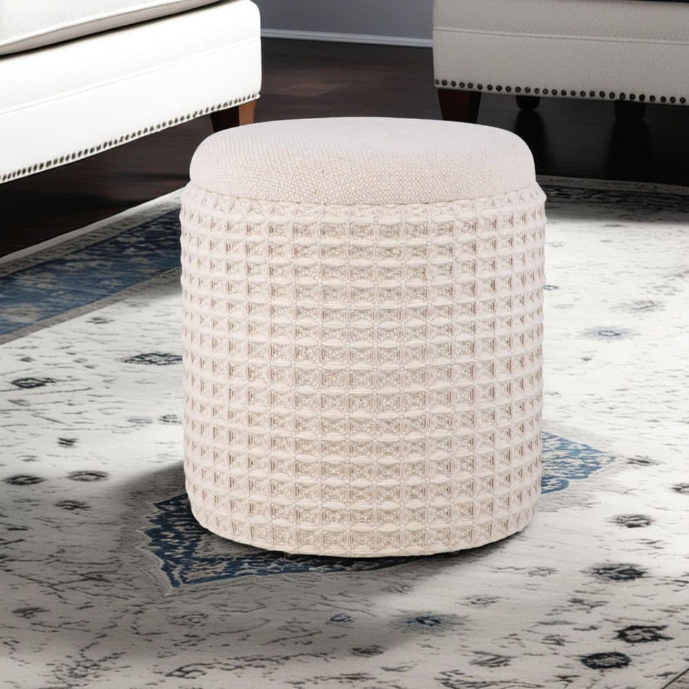 Handwoven Chronos Waffle Cream 16 in. Round Fabric Storage Ottoman